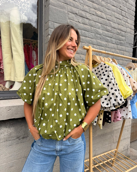Blouse petites manches vert anis à pois - ELINA