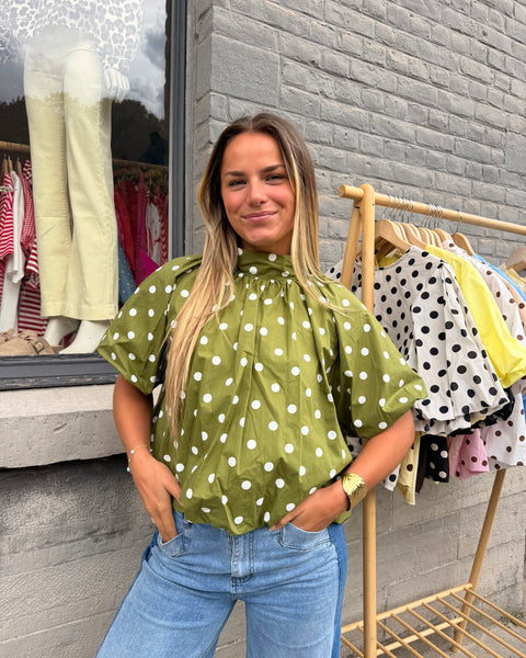 Blouse petites manches vert anis à pois - ELINA