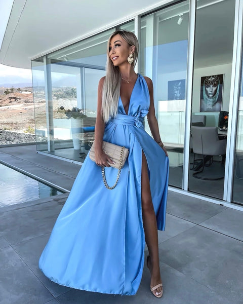 Robe bleu ciel satinée - NELLE