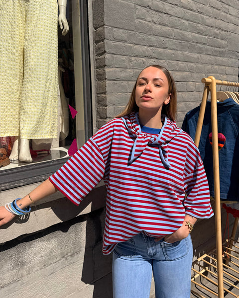 T-shirt ligné + foulard - ROUGE/BLEU CLAIR