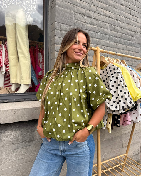 Blouse petites manches vert anis à pois - ELINA