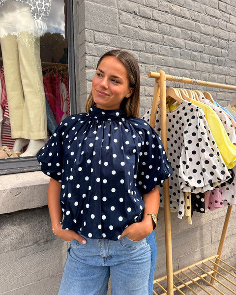 Blouse petites manches bleue marine à pois - ELINA