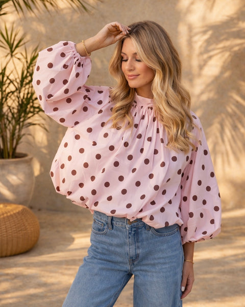 Blouse manches longues à pois rose - ELINA