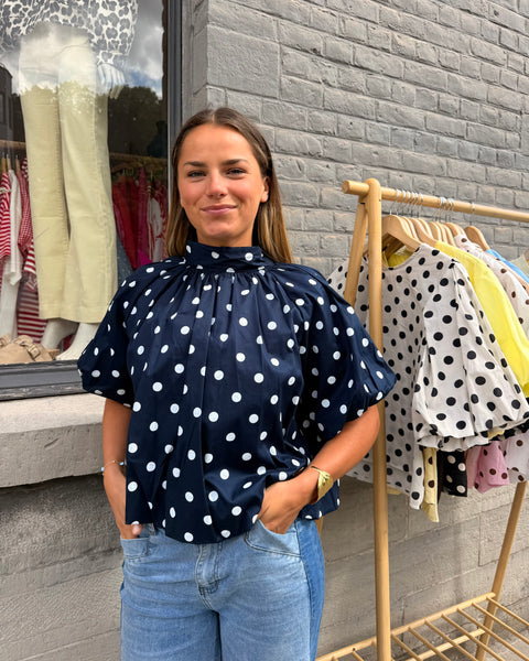 Blouse petites manches bleue marine à pois - ELINA