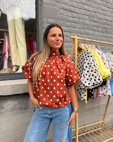Blouse petites manches terracotta à pois - ELINA