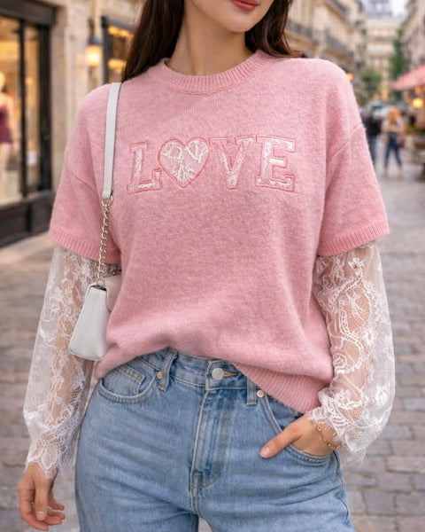 Beige/pink lace sweater - LOVE