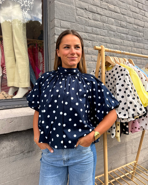 Blouse petites manches bleue marine à pois - ELINA
