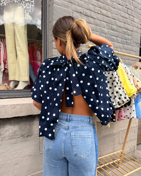 Blouse petites manches bleue marine à pois - ELINA