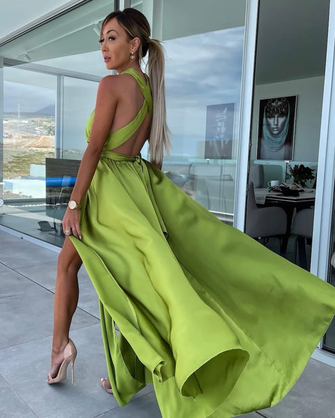 Robe vert anis satinée - NELLE