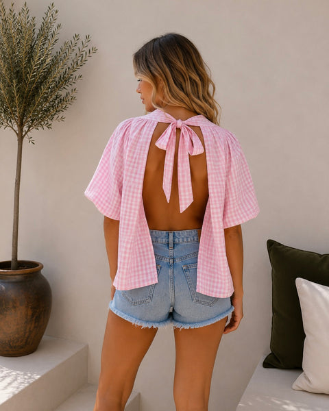 Blouse petites manches ligné rose - ELINA