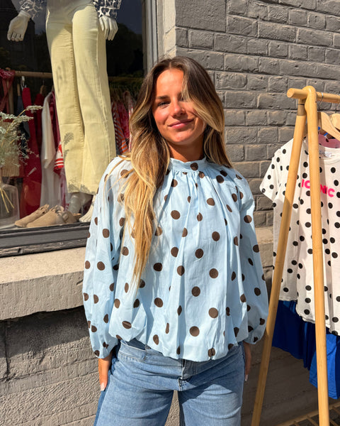 Blouse manches longues bleue à pois - ELINA
