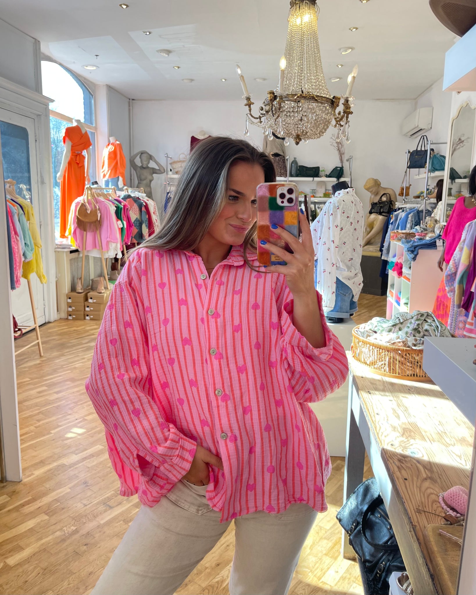 Chemisier ligné coeur - ROSE FLUO