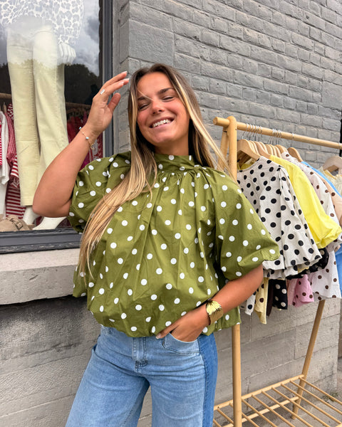 Blouse petites manches vert anis à pois - ELINA