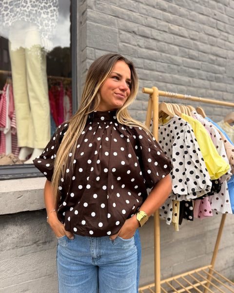 Blouse petites manches chocolat à pois - ELINA