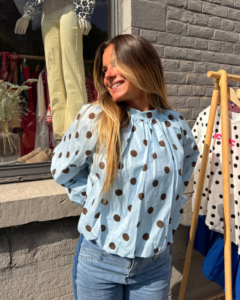 Blouse manches longues bleue à pois - ELINA