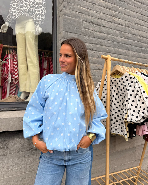 Blouse manches longues bleu à pois - ELINA