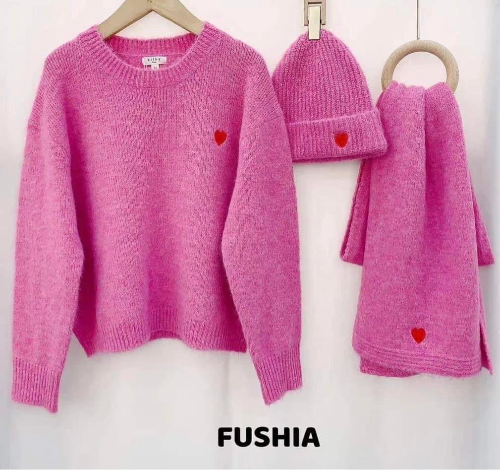 Bonnet + Écharpe fushia - COEUR