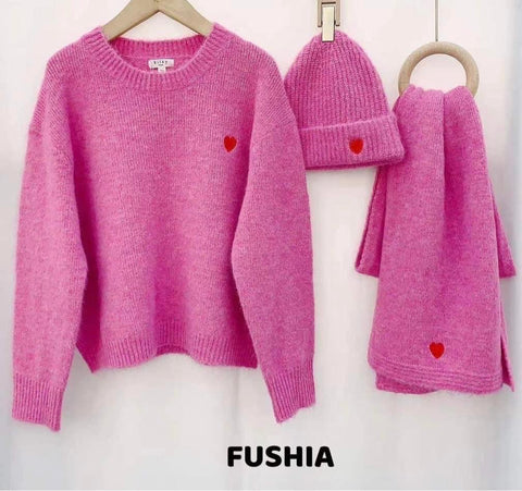 Bonnet + Écharpe fushia - COEUR