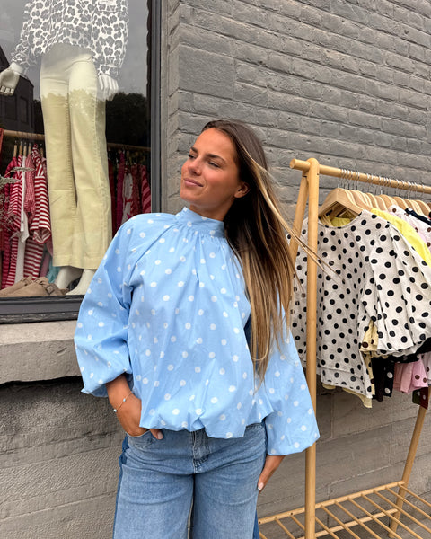 Blouse manches longues bleu à pois - ELINA