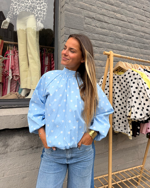 Blouse manches longues bleu à pois - ELINA