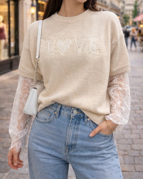 Beige/pink lace sweater - LOVE