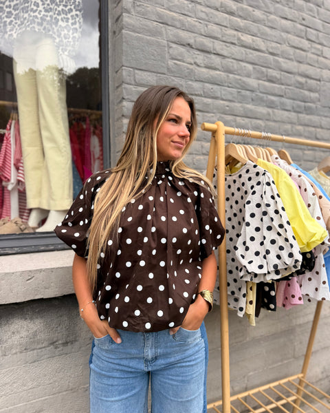 Blouse petites manches chocolat à pois - ELINA