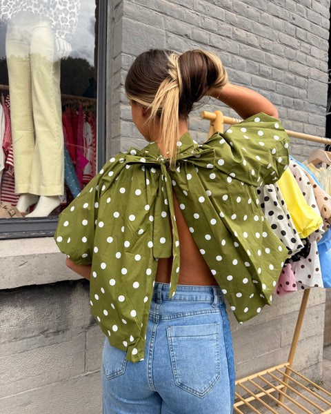 Blouse petites manches vert anis à pois - ELINA