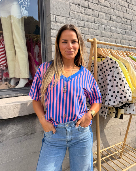 T-shirt bleu col V - LIGNÉE