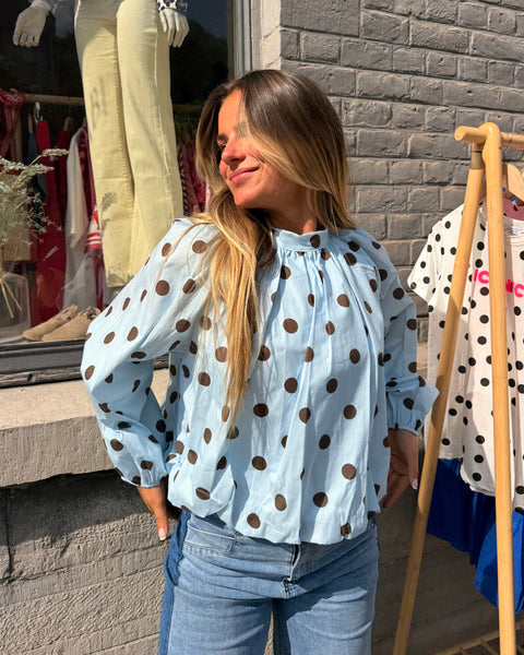 Blouse manches longues bleue à pois - ELINA