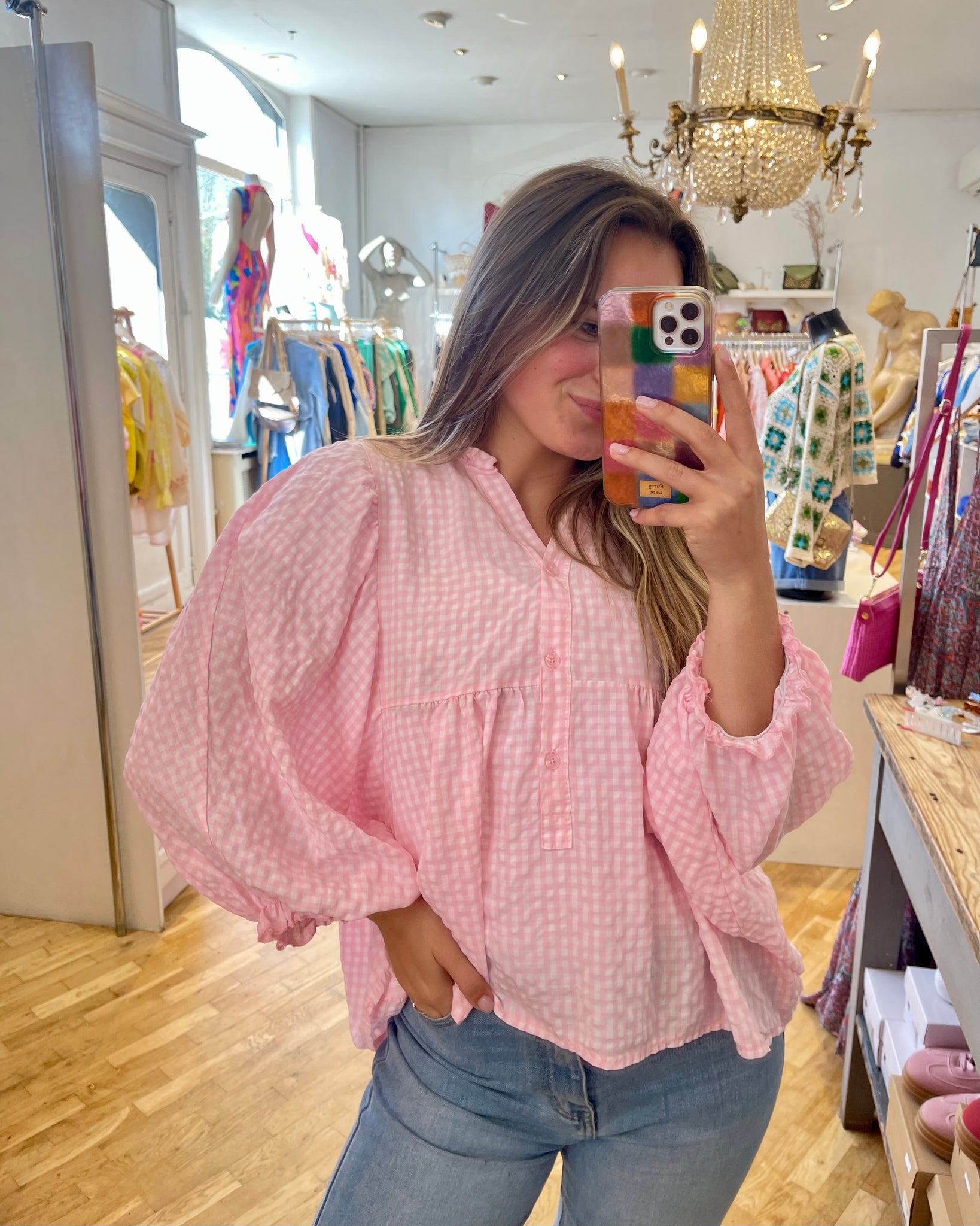 Chemisier gaz de coton vichy - rose