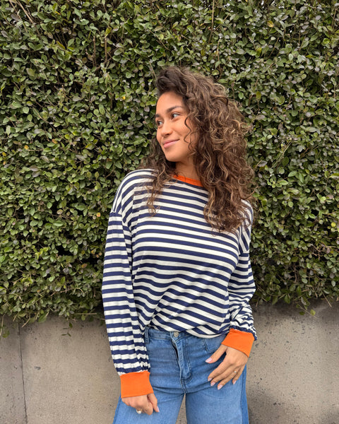 T-shirt bleu marine/orange - LIGNÉ